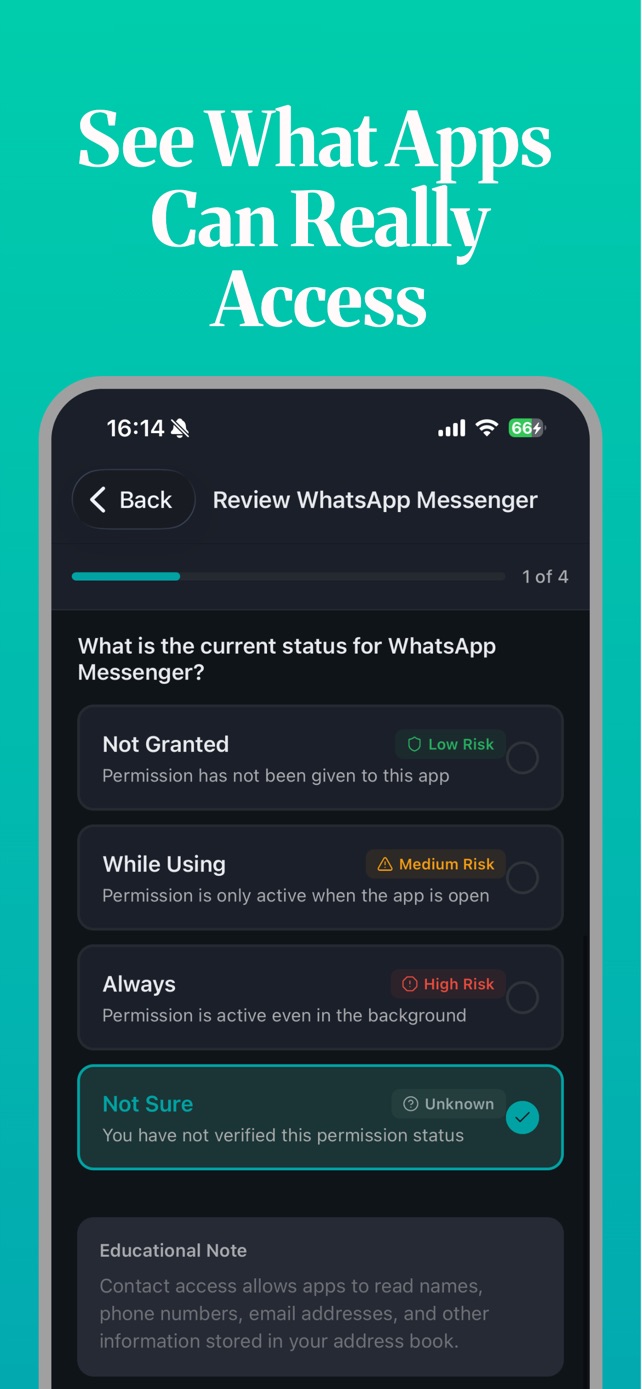 Reviewing WhatsApp permissions in Clearly: each access level rated by risk