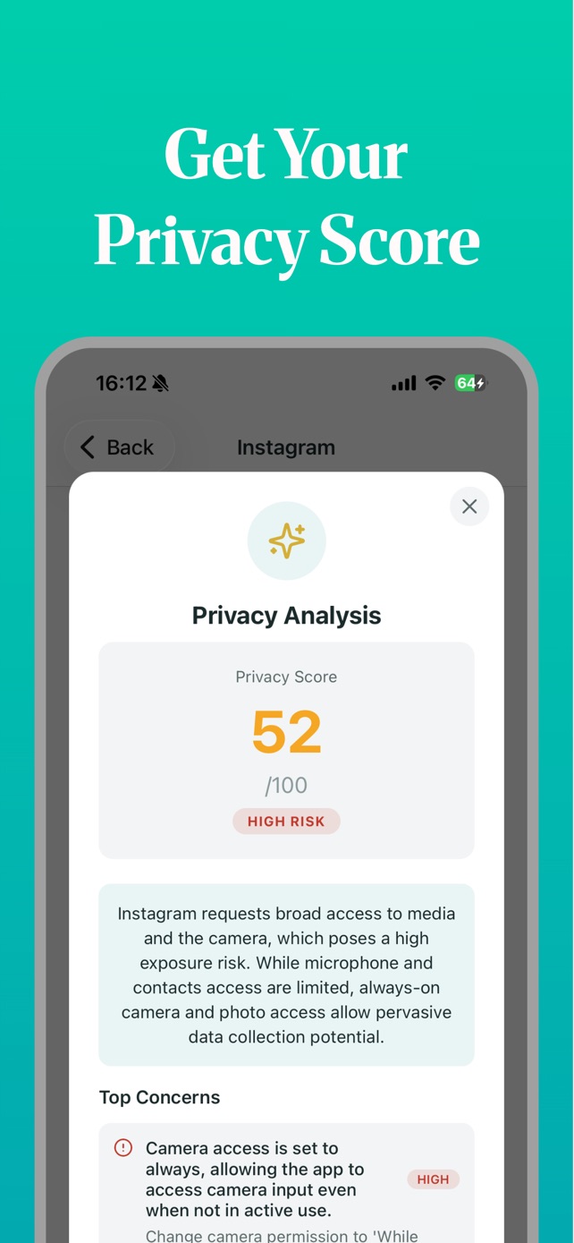 Clearly privacy score screen: Instagram scored 52 out of 100, high risk