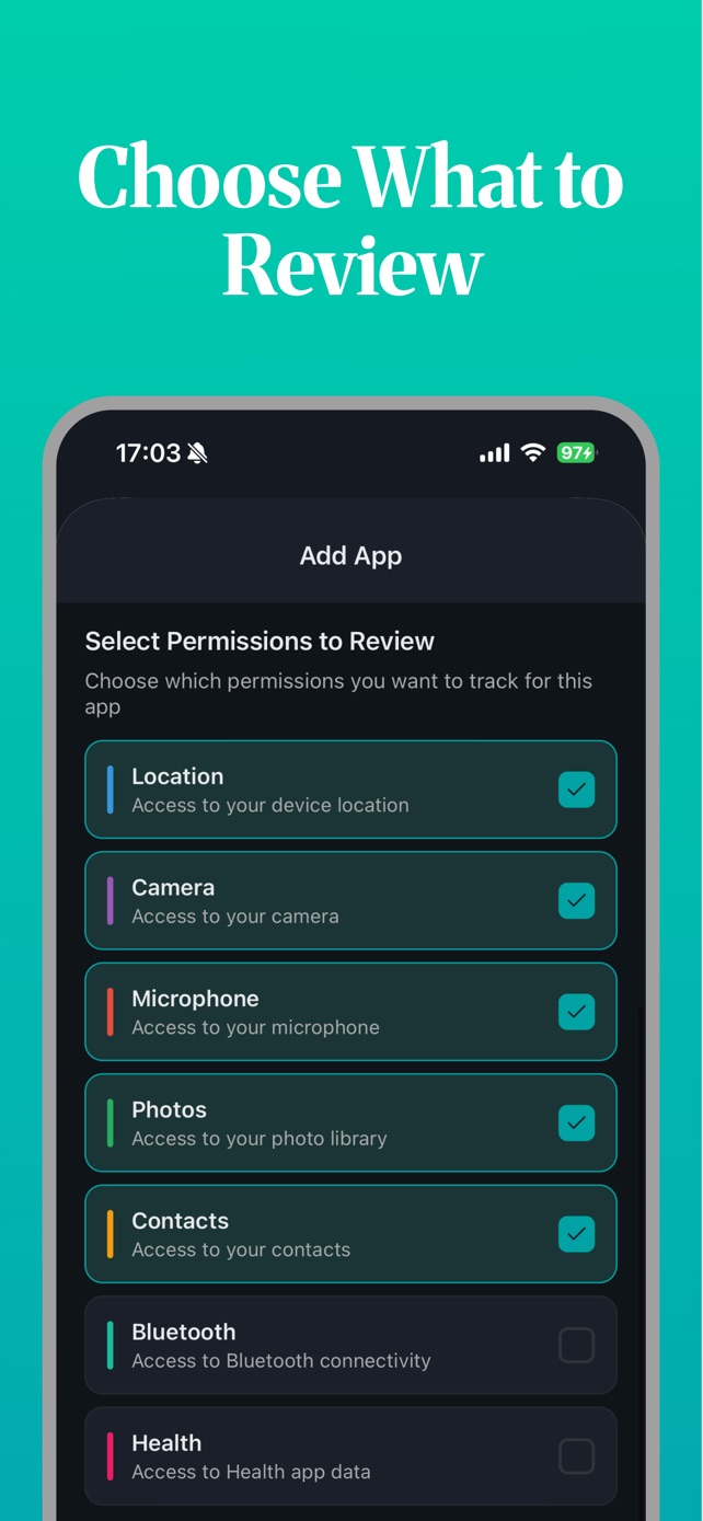 Choosing which permissions to review: location, camera, microphone, photos, contacts